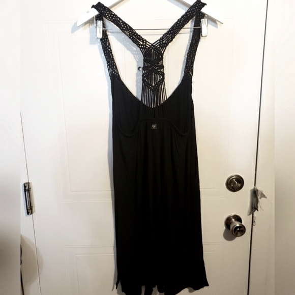 Billabong Coverup Midi Dress Black Crochet Back Straps Boho Flowy Woman M EUC - Picture 2 of 12